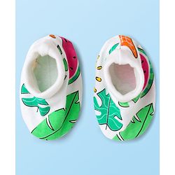 Babyhug 100% Cotton Interlock Knit Half Sleeves Onesies With Tropical Theme Print & Booties & Hairband - White