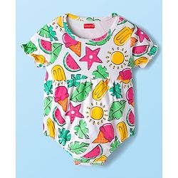 Babyhug 100% Cotton Interlock Knit Half Sleeves Onesies With Tropical Theme Print & Booties & Hairband - White