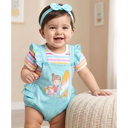 Babyhug 100% Cotton Knit Polka Dot Printed Onesie with Half Sleeves Inner Tee & Hairband - Light Blue