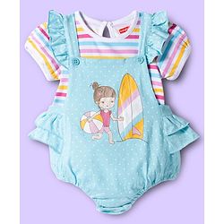 Babyhug 100% Cotton Knit Polka Dot Printed Onesie with Half Sleeves Inner Tee & Hairband - Light Blue