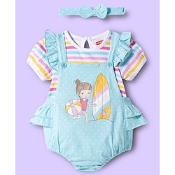 Babyhug 100% Cotton Knit Polka Dot Printed Onesie with Half Sleeves Inner Tee & Hairband - Light Blue