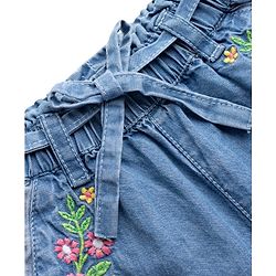 Babyhug Ankle Length Denim Culottes with Belt & Floral Embroidery - Light Blue