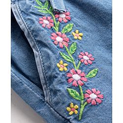 Babyhug Ankle Length Denim Culottes with Belt & Floral Embroidery - Light Blue