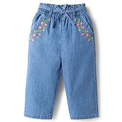 Babyhug Ankle Length Denim Culottes with Belt & Floral Embroidery - Light Blue