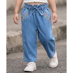 Babyhug Ankle Length Denim Culottes with Belt & Floral Embroidery - Light Blue