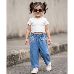 Babyhug Ankle Length Denim Culottes with Belt & Floral Embroidery - Light Blue