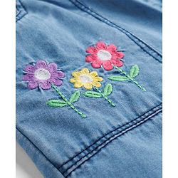 Babyhug Ankle Length Washed Denim Capri with Floral Embroidery - Blue