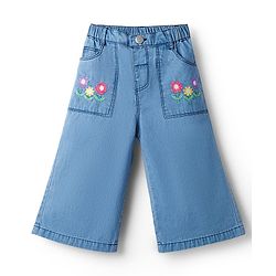 Babyhug Ankle Length Washed Denim Capri with Floral Embroidery - Blue
