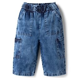 Babyhug Denim Washed Solid Ankle Length Culottes With Bow Applique - Light Blue