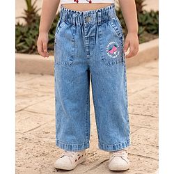 Babyhug Ankle Length Washed Denim Culotte Jeans with Strawberry Print - Blue