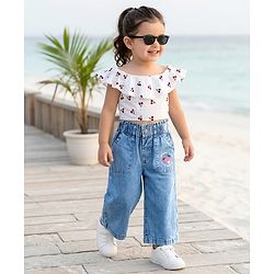 Babyhug Ankle Length Washed Denim Culotte Jeans with Strawberry Print - Blue