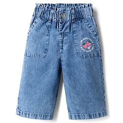 Babyhug Ankle Length Washed Denim Culotte Jeans with Strawberry Print - Blue