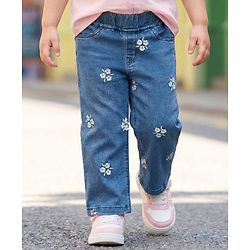 Babyhug Full Length Washed Denim Jeans With Floral Embroidery & Stretch - Navy Blue