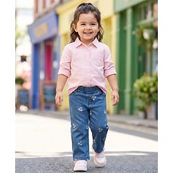 Babyhug Full Length Washed Denim Jeans With Floral Embroidery & Stretch - Navy Blue