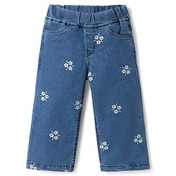 Babyhug Full Length Washed Denim Jeans With Floral Embroidery & Stretch - Navy Blue