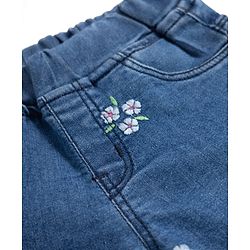 Babyhug Full Length Washed Denim Jeans With Floral Embroidery & Stretch - Navy Blue