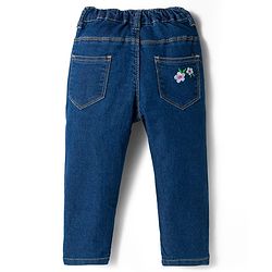 Babyhug Full Length Denim Jeans with Stretch & Floral Embroidery - Navy Blue
