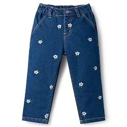 Babyhug Full Length Denim Jeans with Stretch & Floral Embroidery - Navy Blue