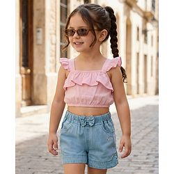 Babyhug Mid Thigh Washed Denim Shorts With Pretty Embroidery & Bow Applique - Blue