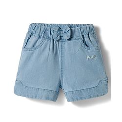 Babyhug Mid Thigh Washed Denim Shorts With Pretty Embroidery & Bow Applique - Blue