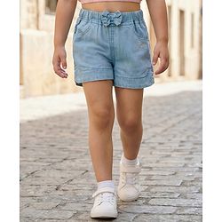 Babyhug Mid Thigh Washed Denim Shorts With Pretty Embroidery & Bow Applique - Blue