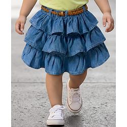 Babyhug Denim Cotton Mid Thigh Length Layered Solid Skirt with Belt - Blue