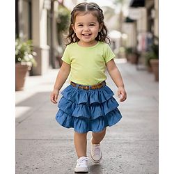 Babyhug Denim Cotton Mid Thigh Length Layered Solid Skirt with Belt - Blue