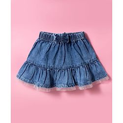 Babyhug Cotton Mid Thigh Length Tiered Denim Skirt with Bow Applique & Lace Detailing - Blue
