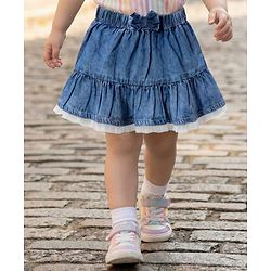 Babyhug Cotton Mid Thigh Length Tiered Denim Skirt with Bow Applique & Lace Detailing - Blue