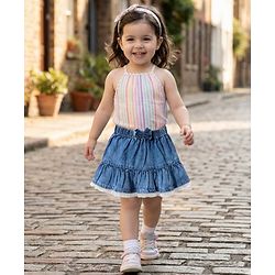 Babyhug Cotton Mid Thigh Length Tiered Denim Skirt with Bow Applique & Lace Detailing - Blue