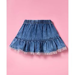 Babyhug Cotton Mid Thigh Length Tiered Denim Skirt with Bow Applique & Lace Detailing - Blue