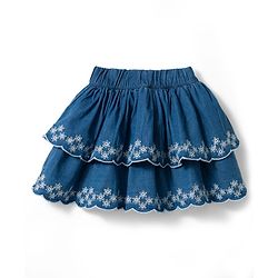 Babyhug Cotton Woven Mid Thigh Length Layered Skirt with Floral Embroidery - Blue