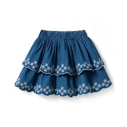 Babyhug Cotton Woven Mid Thigh Length Layered Skirt with Floral Embroidery - Blue