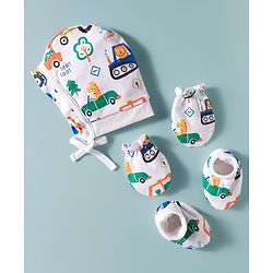 Babyhug 100% Cotton Interlock Knit Cap Mittens & Booties Set With Vehicle Print White - Diameter 14 cm