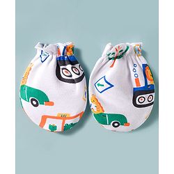 Babyhug 100% Cotton Interlock Knit Cap Mittens & Booties Set With Vehicle Print White - Diameter 14 cm
