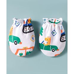 Babyhug 100% Cotton Interlock Knit Cap Mittens & Booties Set With Vehicle Print White - Diameter 14 cm