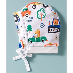 Babyhug 100% Cotton Interlock Knit Cap Mittens & Booties Set With Vehicle Print White - Diameter 14 cm
