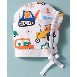 Babyhug 100% Cotton Interlock Knit Cap Mittens & Booties Set With Vehicle Print White - Diameter 14 cm