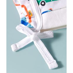 Babyhug 100% Cotton Interlock Knit Cap Mittens & Booties Set With Vehicle Print White - Diameter 14 cm