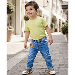 Babyhug Full Length Denim Jeans with Stretch & Bear Embroidery - Blue