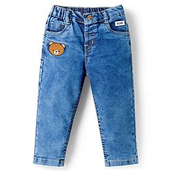 Babyhug Full Length Denim Jeans with Stretch & Bear Embroidery - Blue