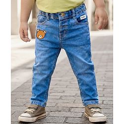 Babyhug Full Length Denim Jeans with Stretch & Bear Embroidery - Blue