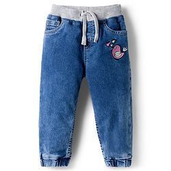 Babyhug Full Length Denim Jogger with Stretch & Bird Embroidery - Blue