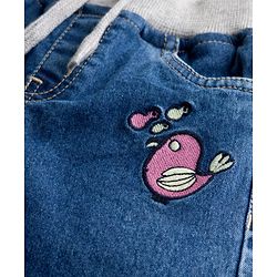 Babyhug Full Length Denim Jogger with Stretch & Bird Embroidery - Blue