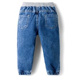 Babyhug Full Length Denim Jogger with Stretch & Bird Embroidery - Blue