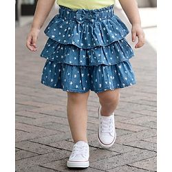 Babyhug Denim Mid Thigh Skirts With Heart Print - Blue