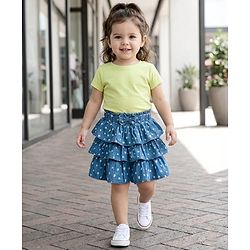 Babyhug Denim Mid Thigh Skirts With Heart Print - Blue