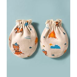 Babyhug 100% Cotton Interlock Knit Cap Mittens & Booties Set With Bear Print Peach - Diameter 17 cm