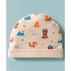 Babyhug 100% Cotton Interlock Knit Cap Mittens & Booties Set With Bear Print Peach - Diameter 17 cm