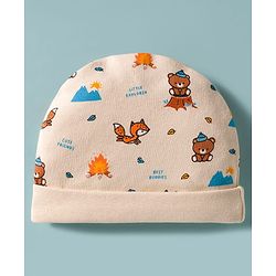 Babyhug 100% Cotton Interlock Knit Cap Mittens & Booties Set With Bear Print Peach - Diameter 17 cm